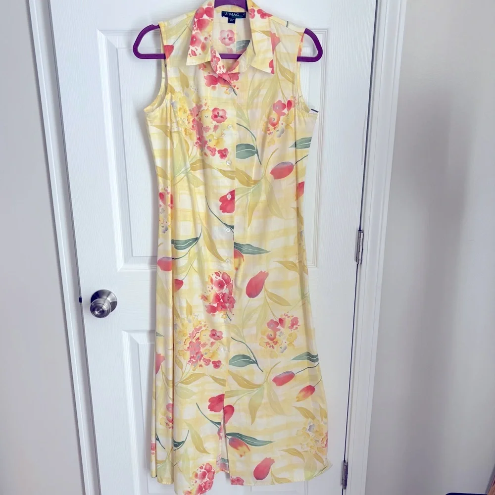 VTG J. Mac Butter Yellow Sleeveless Button‎ up Floral Maxi Shirt Dress Size 10